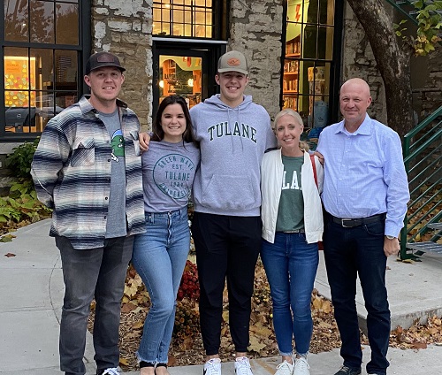 Garrett, Helen, Grant, Amy and Rob Cleavinger pose together during a trip to Tulane University